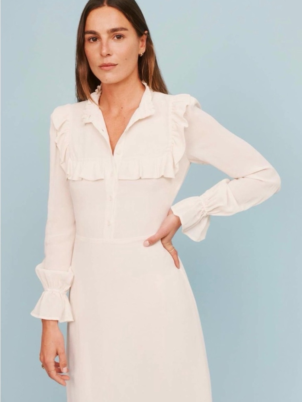 Reformation Hallie Dress Cream White  Bone Midi Ruffle Buttons Prairie size 4